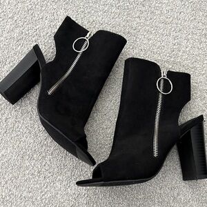 Black Suede Peep-Toe Ankle Booties with Silver Zip Detail